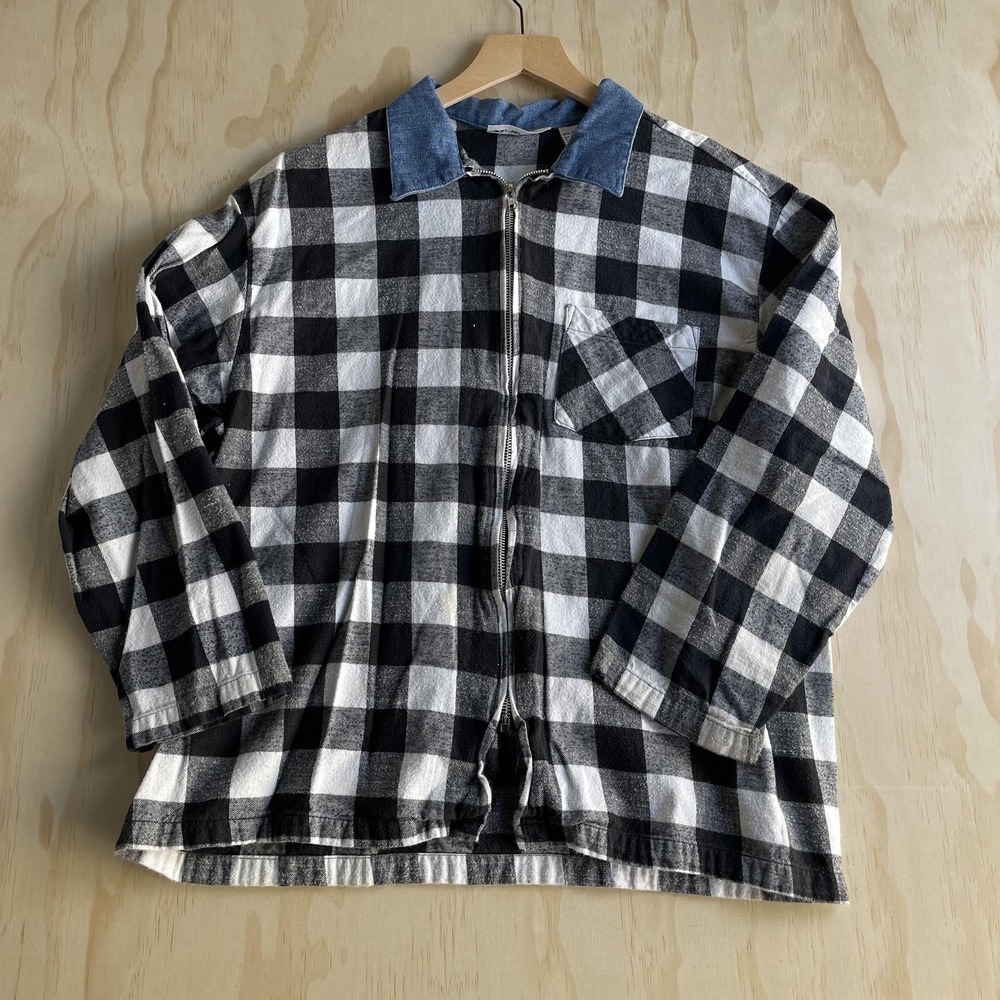 Vintage Center Aisle Shirt Jacket Mens Large Black White Plaid Flannel Zip Front